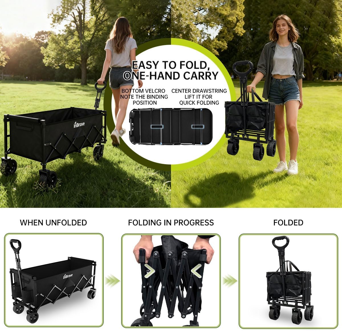 InBrave Extra Long Collapsible Wagon Cart, 480LBS Heavy Duty Utility Wagons with All-Terrain Wheels, Foldable Grocery Carts for Gardening, Shopping, Beach, Camping, Black