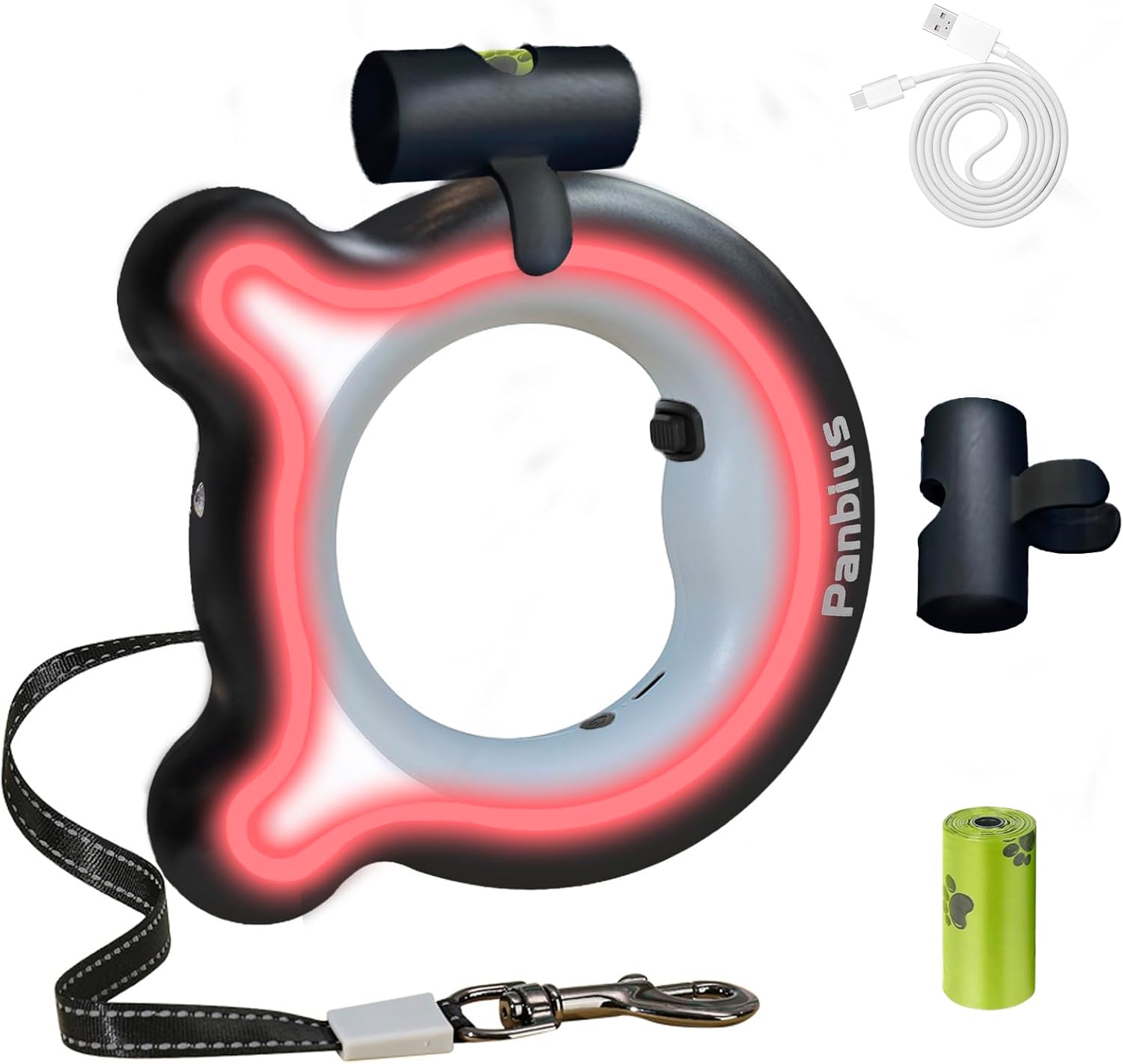 Panbius Pets 9.84ft Retractable Dog Leashes with LED Up to 66 lbs Anti-Slip Handle and 360°No Tangle Dogs Walking Leash with Built in Poop Bag for Small/Medium/Large Breeds (Pink)