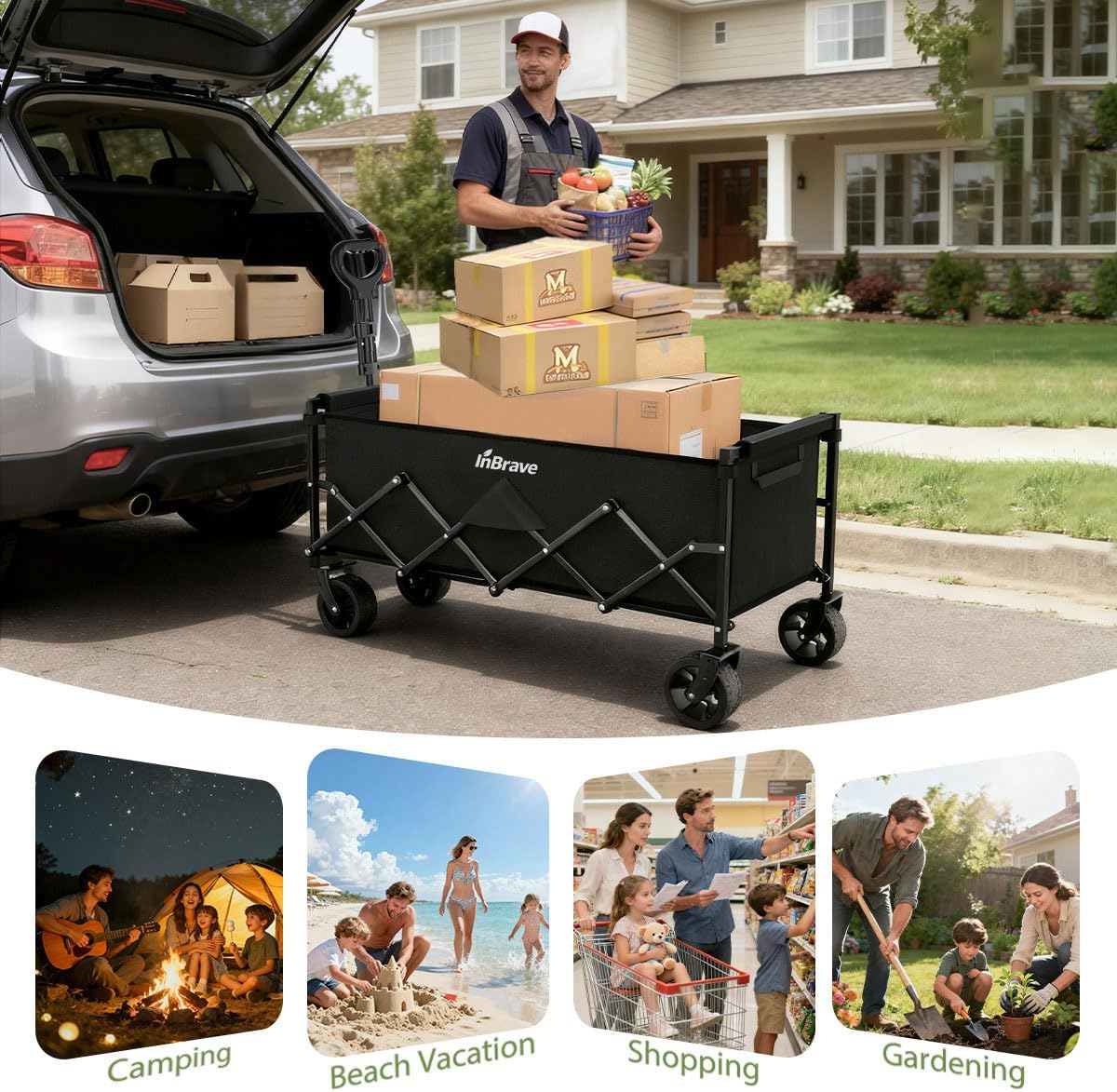 InBrave Extra Long Collapsible Wagon Cart, 480LBS Heavy Duty Utility Wagons with All-Terrain Wheels, Foldable Grocery Carts for Gardening, Shopping, Beach, Camping, Black