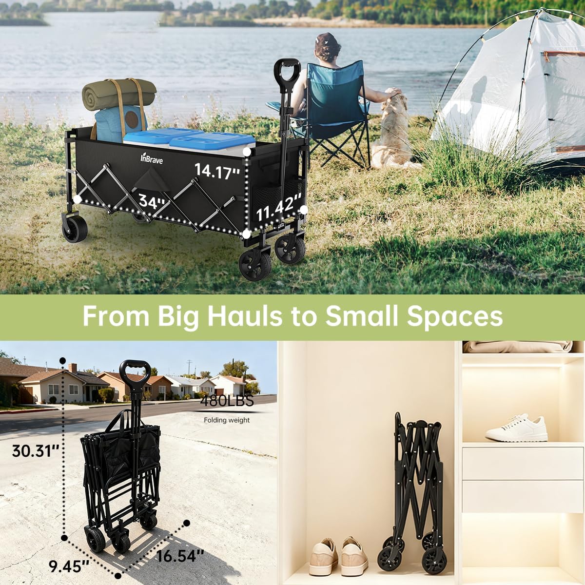 InBrave Extra Long Collapsible Wagon Cart, 480LBS Heavy Duty Utility Wagons with All-Terrain Wheels, Foldable Grocery Carts for Gardening, Shopping, Beach, Camping, Black