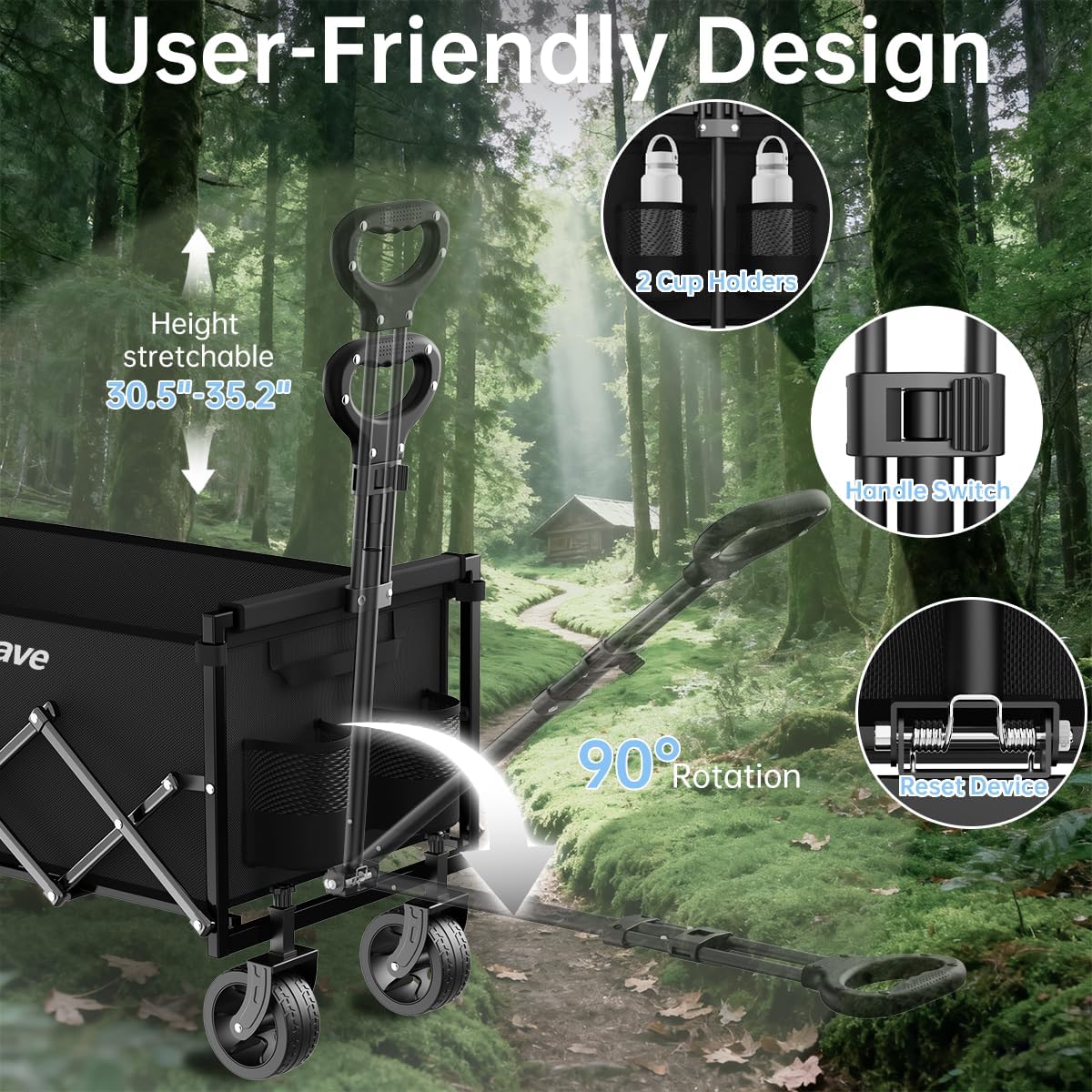 InBrave Extra Long Collapsible Wagon Cart, 480LBS Heavy Duty Utility Wagons with All-Terrain Wheels, Foldable Grocery Carts for Gardening, Shopping, Beach, Camping, Black
