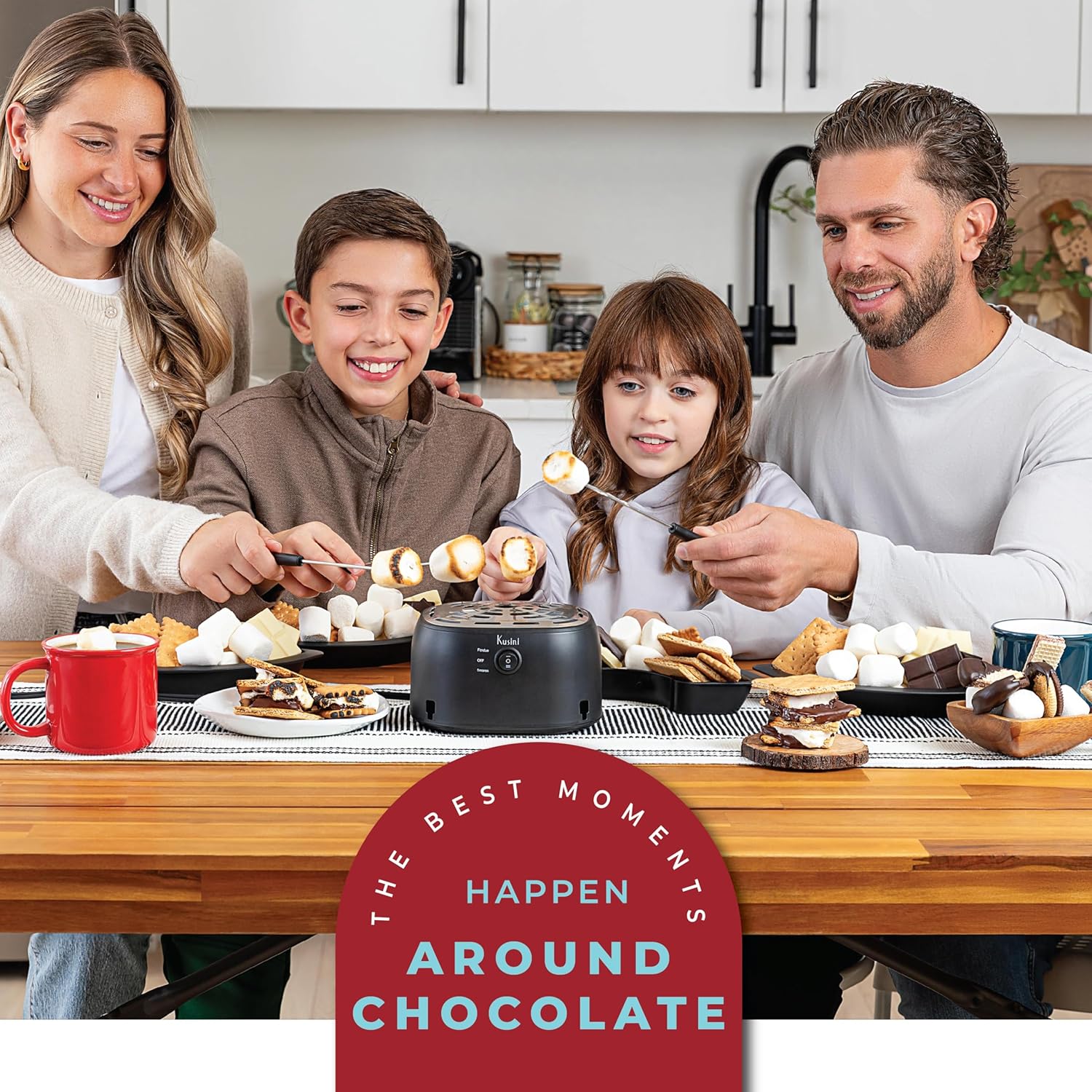 Kusini 2 in 1 Electric Fondue Set & Smores Maker Tabletop Indoor Kit with Removable Trays & 4 Skewers – Smores Station Chocolate Melting Pot - Unique Couple Gift Set Idea, Date & Movie Night Supplies