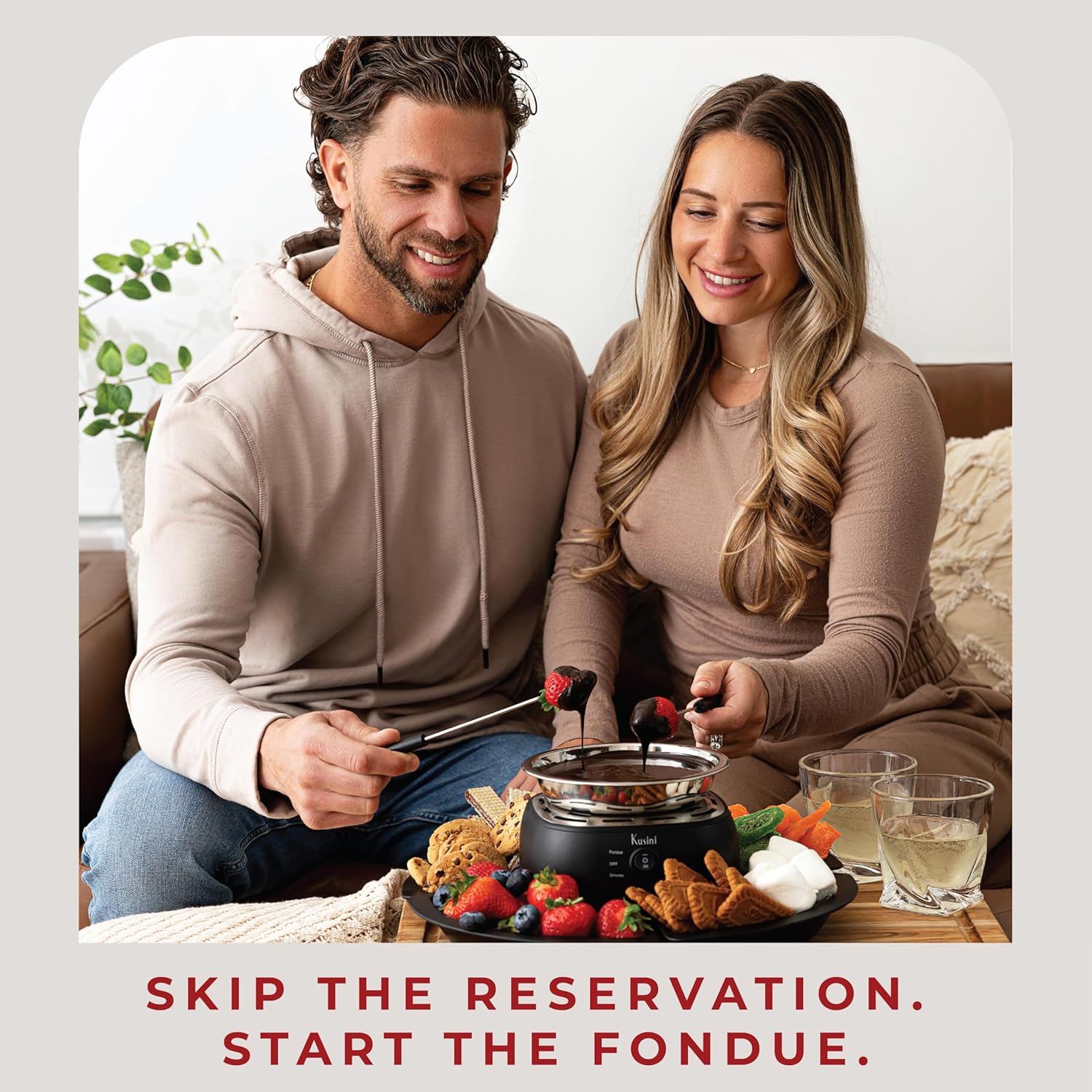 Kusini 2 in 1 Electric Fondue Set & Smores Maker Tabletop Indoor Kit with Removable Trays & 4 Skewers – Smores Station Chocolate Melting Pot - Unique Couple Gift Set Idea, Date & Movie Night Supplies