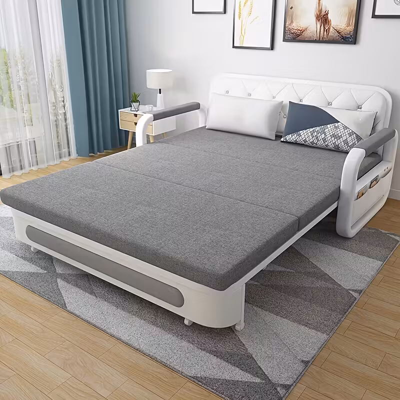 LUCK LIVE Modern Retractable Sofa Bed - 2-in-1 Pull-Out Sectional with Storage Recliner, Grey Linen Fabric, Hardwood Frame, Space-Saving Design for Small Apartments & Guest Rooms, Sectional Sofa Bed, Compact Guest Room, Sleek Minimalist Style, Durabl