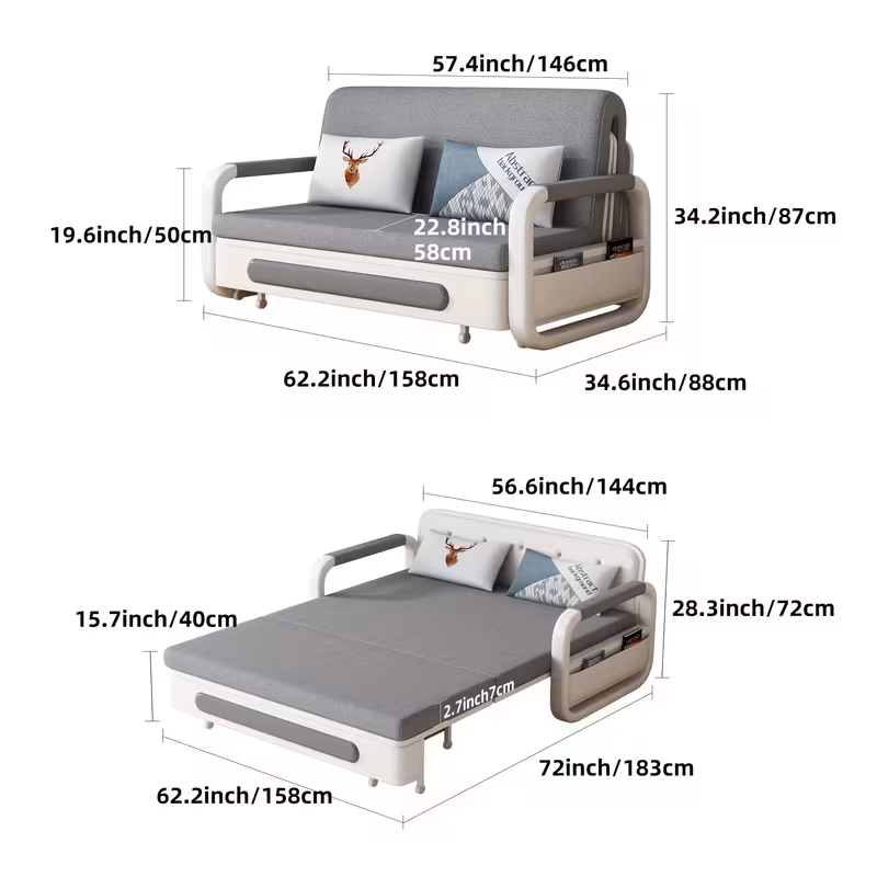 LUCK LIVE Modern Retractable Sofa Bed - 2-in-1 Pull-Out Sectional with Storage Recliner, Grey Linen Fabric, Hardwood Frame, Space-Saving Design for Small Apartments & Guest Rooms, Sectional Sofa Bed, Compact Guest Room, Sleek Minimalist Style, Durabl
