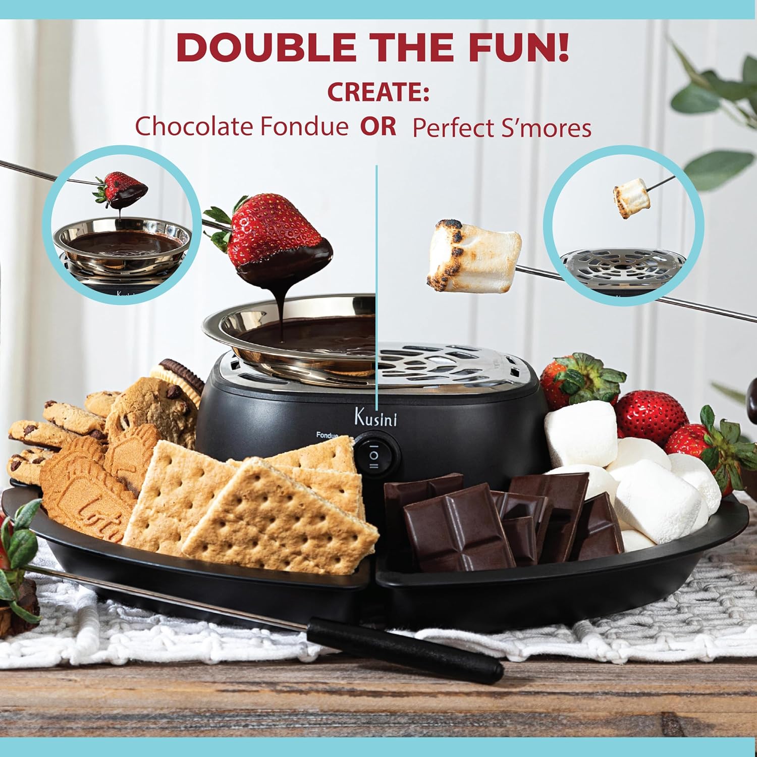 Kusini 2 in 1 Electric Fondue Set & Smores Maker Tabletop Indoor Kit with Removable Trays & 4 Skewers – Smores Station Chocolate Melting Pot - Unique Couple Gift Set Idea, Date & Movie Night Supplies
