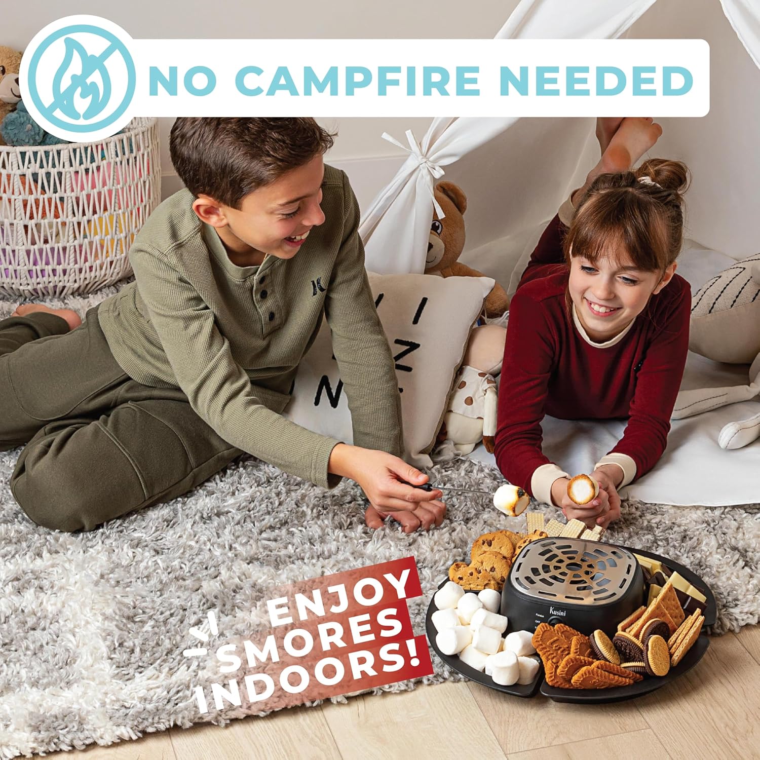 Kusini 2 in 1 Electric Fondue Set & Smores Maker Tabletop Indoor Kit with Removable Trays & 4 Skewers – Smores Station Chocolate Melting Pot - Unique Couple Gift Set Idea, Date & Movie Night Supplies