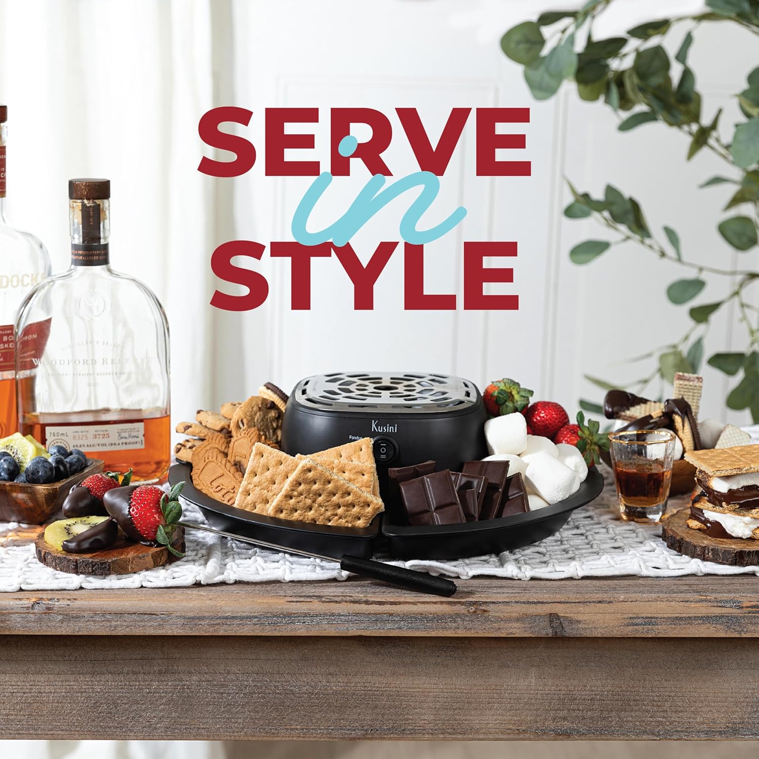 Kusini 2 in 1 Electric Fondue Set & Smores Maker Tabletop Indoor Kit with Removable Trays & 4 Skewers – Smores Station Chocolate Melting Pot - Unique Couple Gift Set Idea, Date & Movie Night Supplies