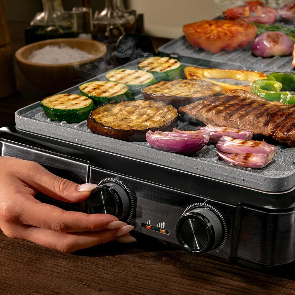 [Buy 1, Get 1 Free]Cecotec Rock'nGrill 2200 Dual Electric Grill with Grill 2200W, 180º Opening, Dual Temp, Non-stick RockStone Coating, Reversible Plates, Grease Collector, Light Indicator, 29 x 23 cm