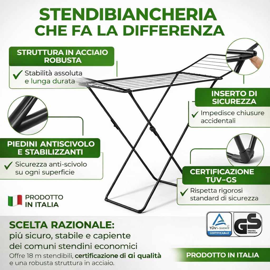 AGRICOLA GIRALDI Glory Floor Drying Rack, 18 Metres of Drying Rack, Steel Folding Drying Rack with Non-Slip Feet, Anti-Closing System, TÜV-GS Certified, Made in Italy, Black