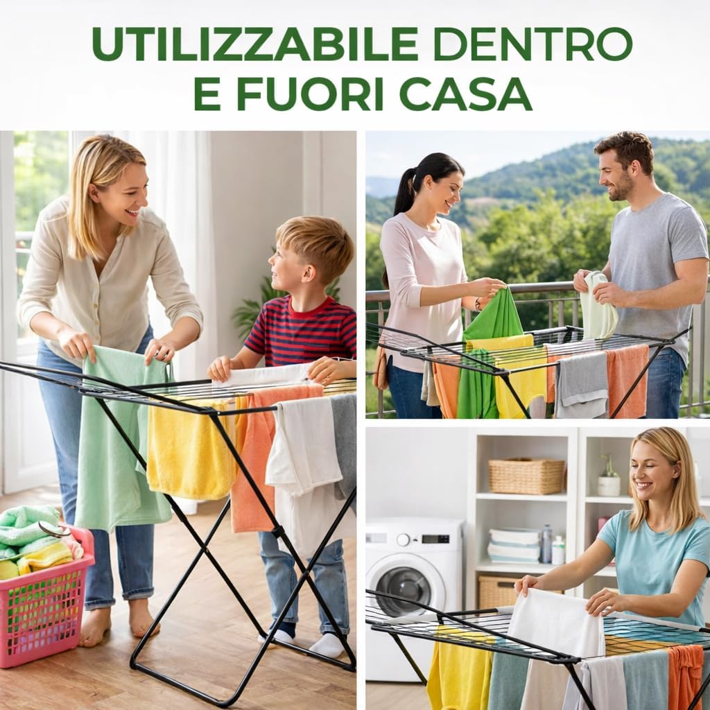 AGRICOLA GIRALDI Glory Floor Drying Rack, 18 Metres of Drying Rack, Steel Folding Drying Rack with Non-Slip Feet, Anti-Closing System, TÜV-GS Certified, Made in Italy, Black