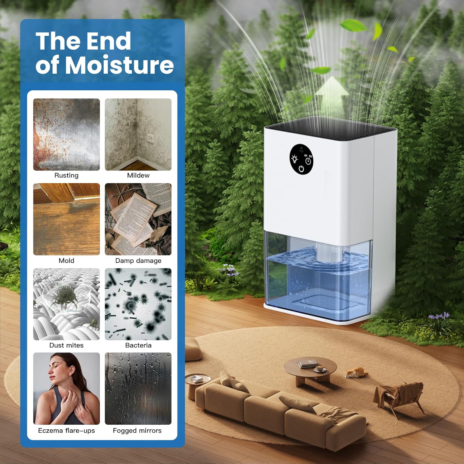Dehumidifier 1800 ml, Small Low Consumption 22.5 W Home Mould Dehumidifier, 4/8 Hour Timer, Auto Shut Off and Defrost, Ambient Light for Bedroom, Wardrobe, Bathroom