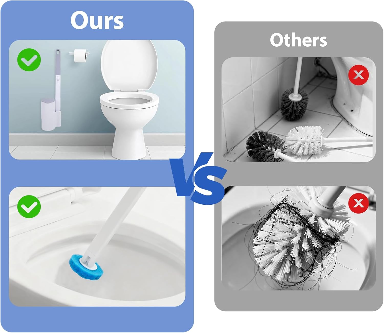 Toilet Brush, Disposable Toilet Brush Set – 54 Refills with Ocean Scent, Extended Handle and Adhesive Holder Without Drilling, Toilet Brush Bathroom Accessories for Deep Cleaning