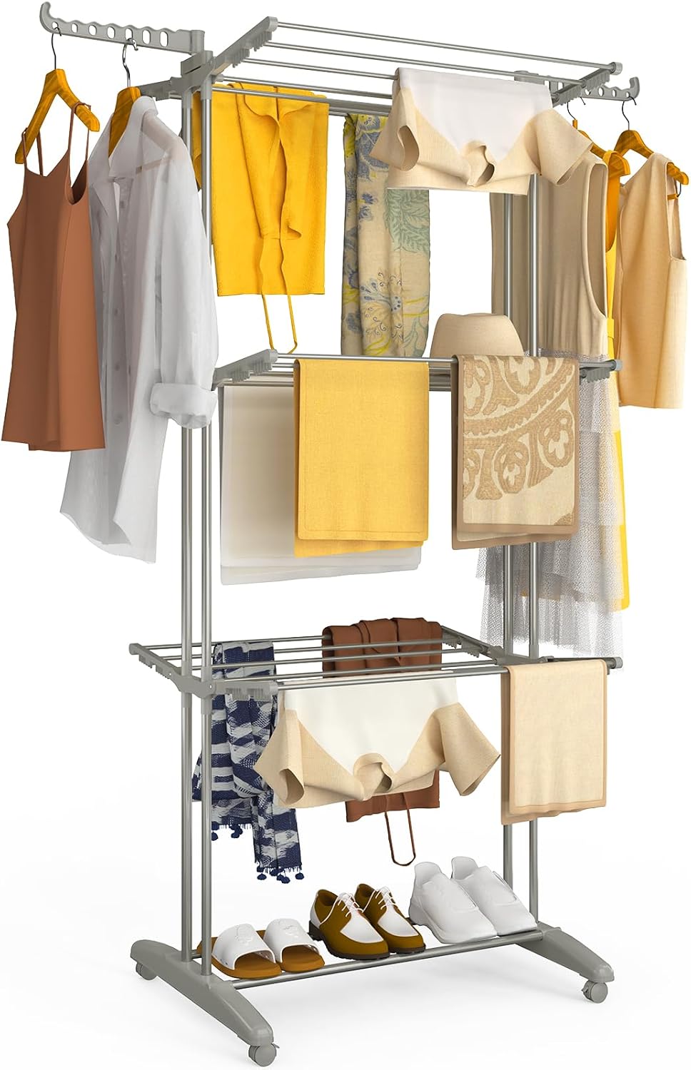 VOUNOT Space-Saving Vertical Drying Rack with 4 Levels, 125 x 62 x 173 cm, Large Capacity Folding Clothes Airer with Wheels and Wings, Indoor and Outdoor Use, White