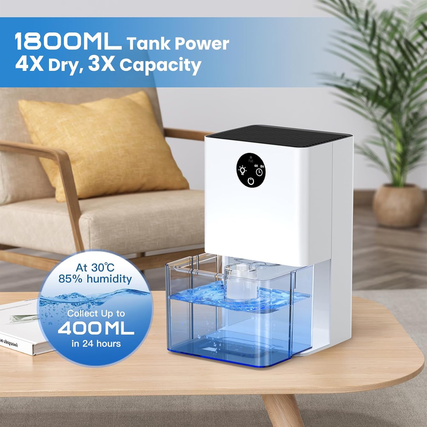 Dehumidifier 1800 ml, Small Low Consumption 22.5 W Home Mould Dehumidifier, 4/8 Hour Timer, Auto Shut Off and Defrost, Ambient Light for Bedroom, Wardrobe, Bathroom