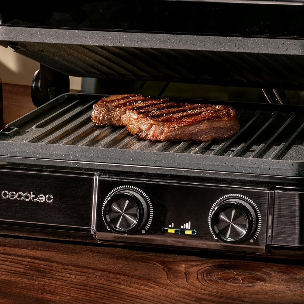 [Buy 1, Get 1 Free]Cecotec Rock'nGrill 2200 Dual Electric Grill with Grill 2200W, 180º Opening, Dual Temp, Non-stick RockStone Coating, Reversible Plates, Grease Collector, Light Indicator, 29 x 23 cm