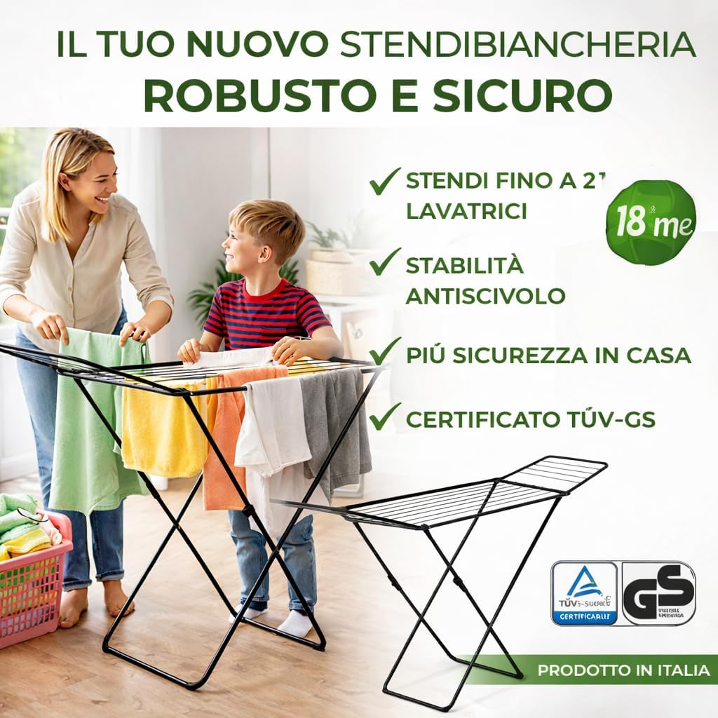 AGRICOLA GIRALDI Glory Floor Drying Rack, 18 Metres of Drying Rack, Steel Folding Drying Rack with Non-Slip Feet, Anti-Closing System, TÜV-GS Certified, Made in Italy, Black