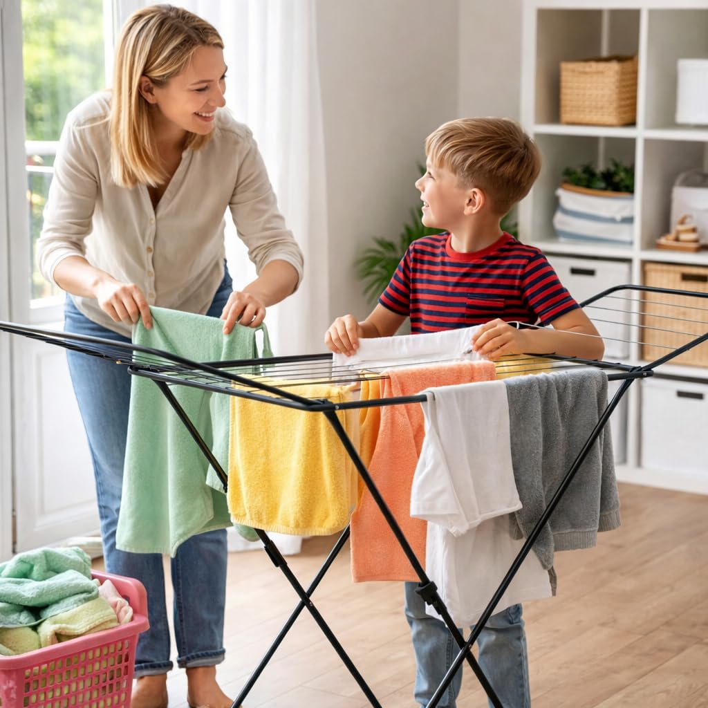 AGRICOLA GIRALDI Glory Floor Drying Rack, 18 Metres of Drying Rack, Steel Folding Drying Rack with Non-Slip Feet, Anti-Closing System, TÜV-GS Certified, Made in Italy, Black