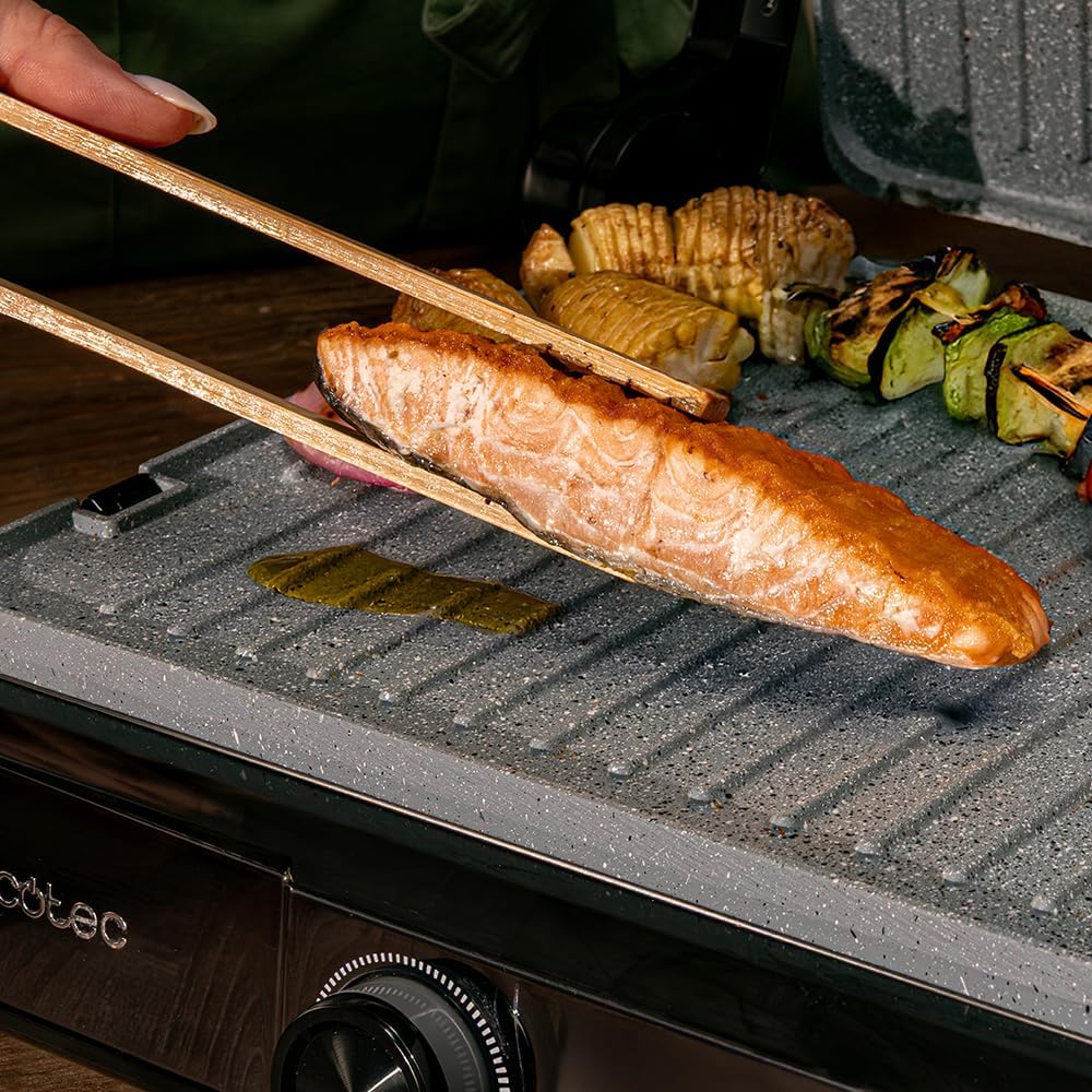 [Buy 1, Get 1 Free]Cecotec Rock'nGrill 2200 Dual Electric Grill with Grill 2200W, 180º Opening, Dual Temp, Non-stick RockStone Coating, Reversible Plates, Grease Collector, Light Indicator, 29 x 23 cm