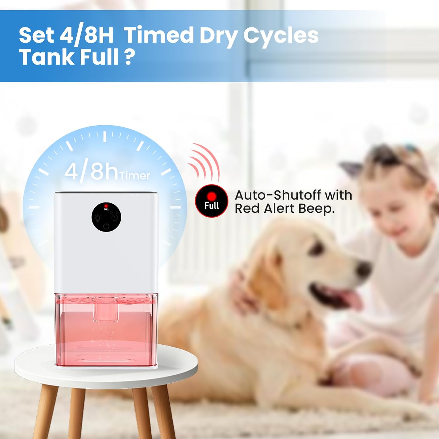 Dehumidifier 1800 ml, Small Low Consumption 22.5 W Home Mould Dehumidifier, 4/8 Hour Timer, Auto Shut Off and Defrost, Ambient Light for Bedroom, Wardrobe, Bathroom