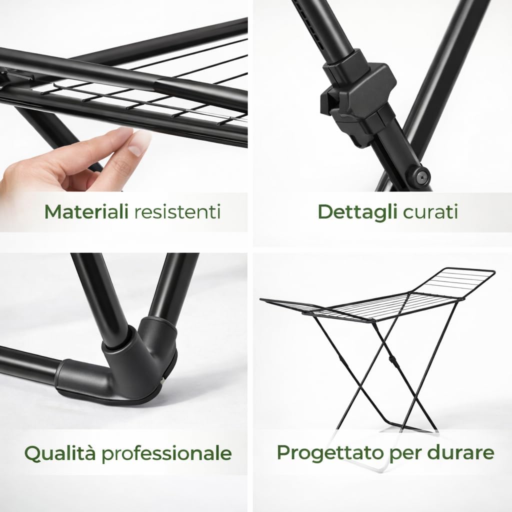 AGRICOLA GIRALDI Glory Floor Drying Rack, 18 Metres of Drying Rack, Steel Folding Drying Rack with Non-Slip Feet, Anti-Closing System, TÜV-GS Certified, Made in Italy, Black