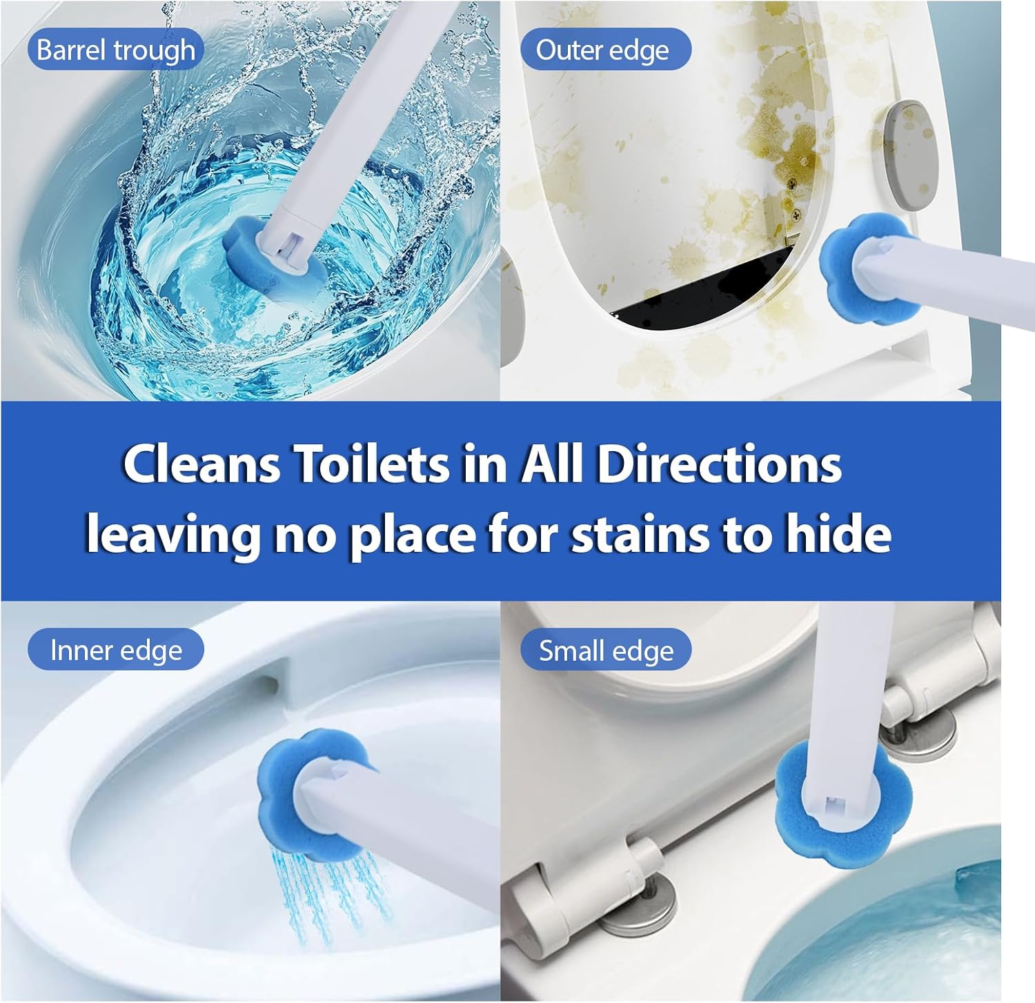 Toilet Brush, Disposable Toilet Brush Set – 54 Refills with Ocean Scent, Extended Handle and Adhesive Holder Without Drilling, Toilet Brush Bathroom Accessories for Deep Cleaning