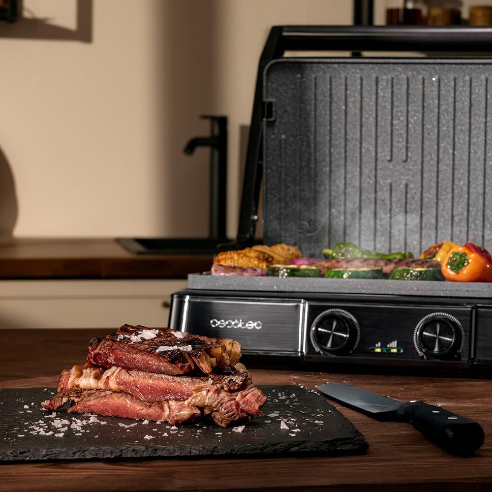 [Buy 1, Get 1 Free]Cecotec Rock'nGrill 2200 Dual Electric Grill with Grill 2200W, 180º Opening, Dual Temp, Non-stick RockStone Coating, Reversible Plates, Grease Collector, Light Indicator, 29 x 23 cm