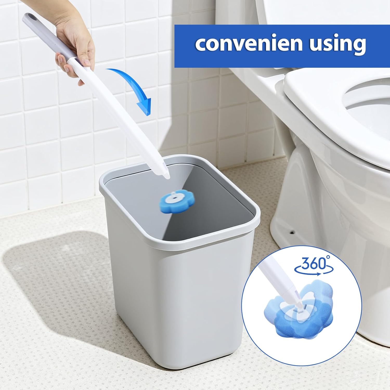 Toilet Brush, Disposable Toilet Brush Set – 54 Refills with Ocean Scent, Extended Handle and Adhesive Holder Without Drilling, Toilet Brush Bathroom Accessories for Deep Cleaning