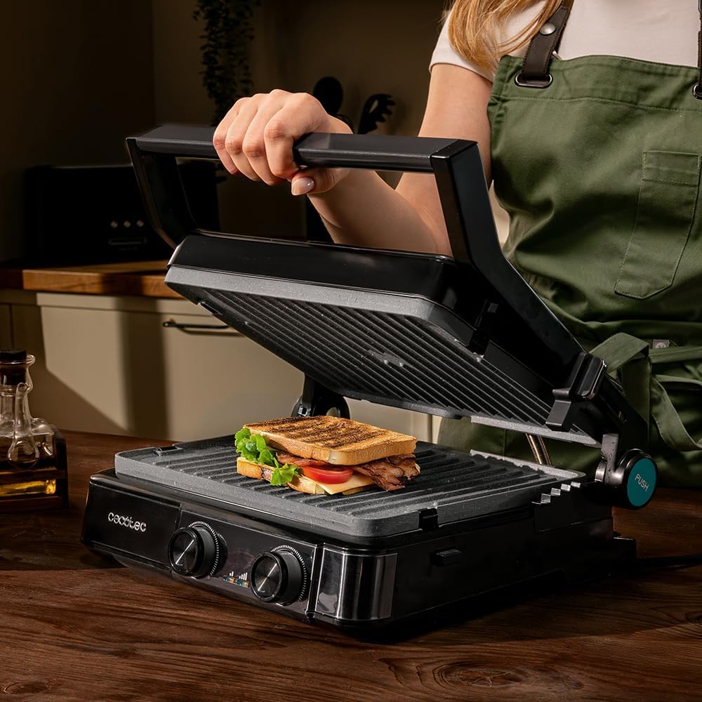 [Buy 1, Get 1 Free]Cecotec Rock'nGrill 2200 Dual Electric Grill with Grill 2200W, 180º Opening, Dual Temp, Non-stick RockStone Coating, Reversible Plates, Grease Collector, Light Indicator, 29 x 23 cm