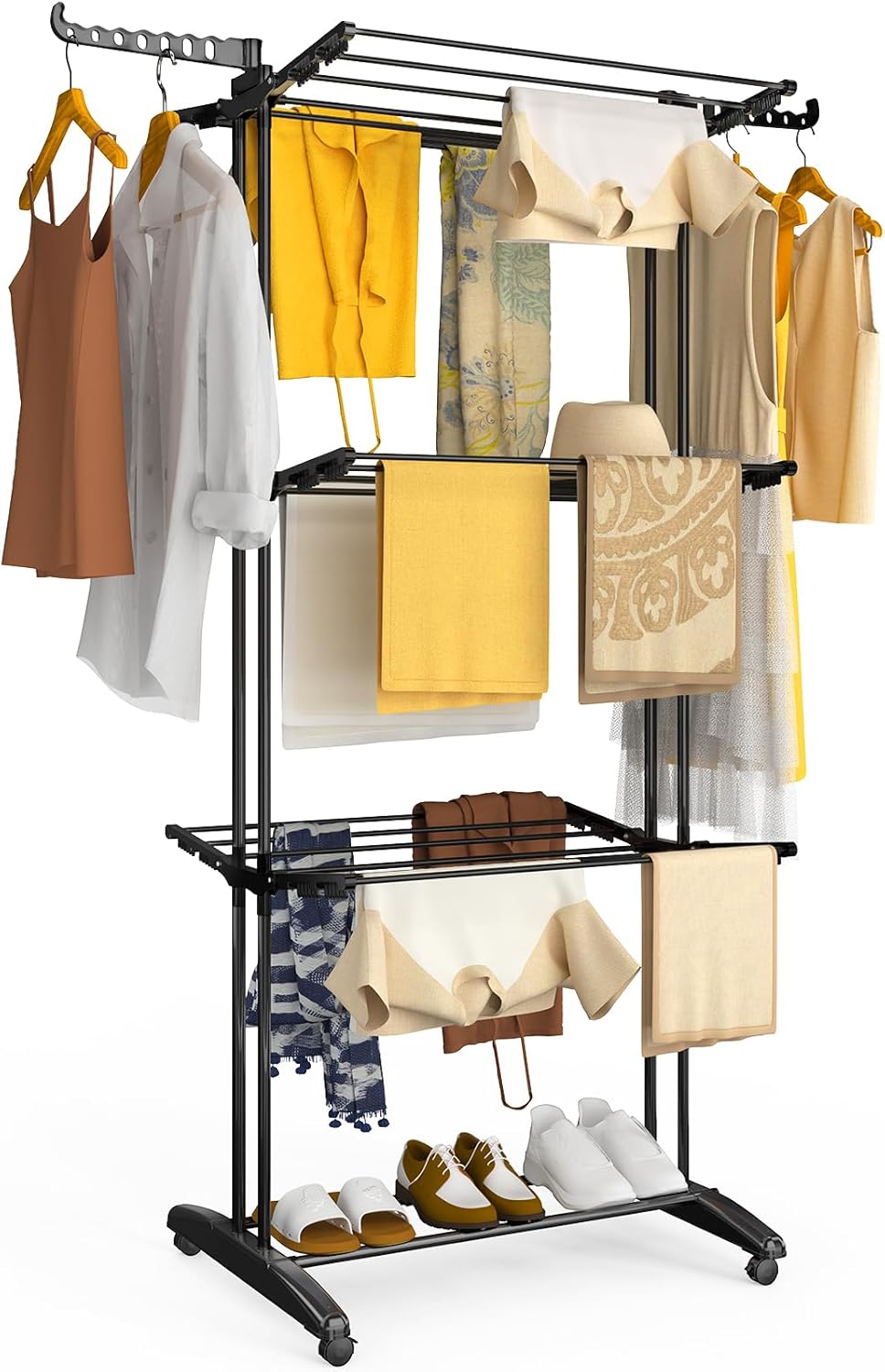 VOUNOT Space-Saving Vertical Drying Rack with 4 Levels, 125 x 62 x 173 cm, Large Capacity Folding Clothes Airer with Wheels and Wings, Indoor and Outdoor Use, White