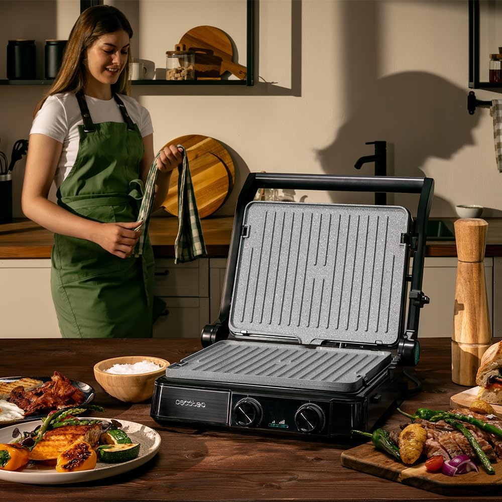 [Buy 1, Get 1 Free]Cecotec Rock'nGrill 2200 Dual Electric Grill with Grill 2200W, 180º Opening, Dual Temp, Non-stick RockStone Coating, Reversible Plates, Grease Collector, Light Indicator, 29 x 23 cm
