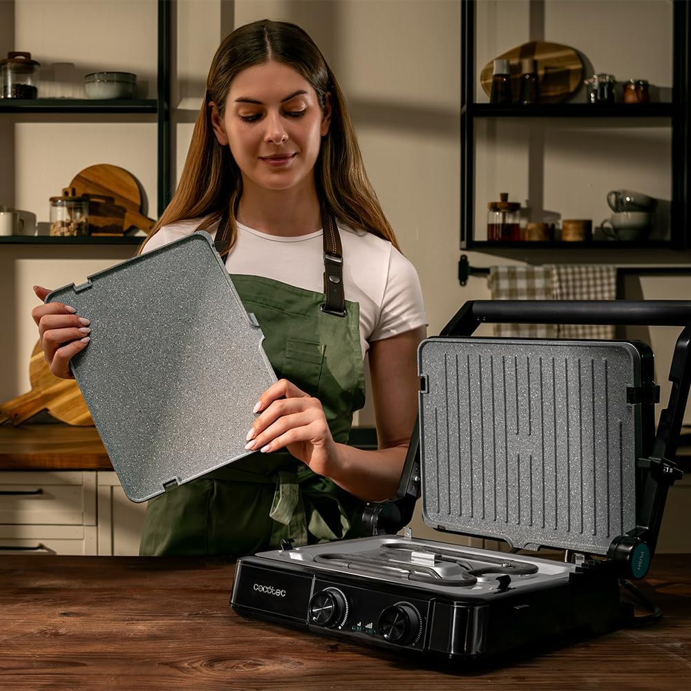 [Buy 1, Get 1 Free]Cecotec Rock'nGrill 2200 Dual Electric Grill with Grill 2200W, 180º Opening, Dual Temp, Non-stick RockStone Coating, Reversible Plates, Grease Collector, Light Indicator, 29 x 23 cm