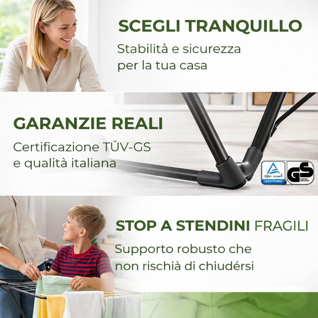 AGRICOLA GIRALDI Glory Floor Drying Rack, 18 Metres of Drying Rack, Steel Folding Drying Rack with Non-Slip Feet, Anti-Closing System, TÜV-GS Certified, Made in Italy, Black