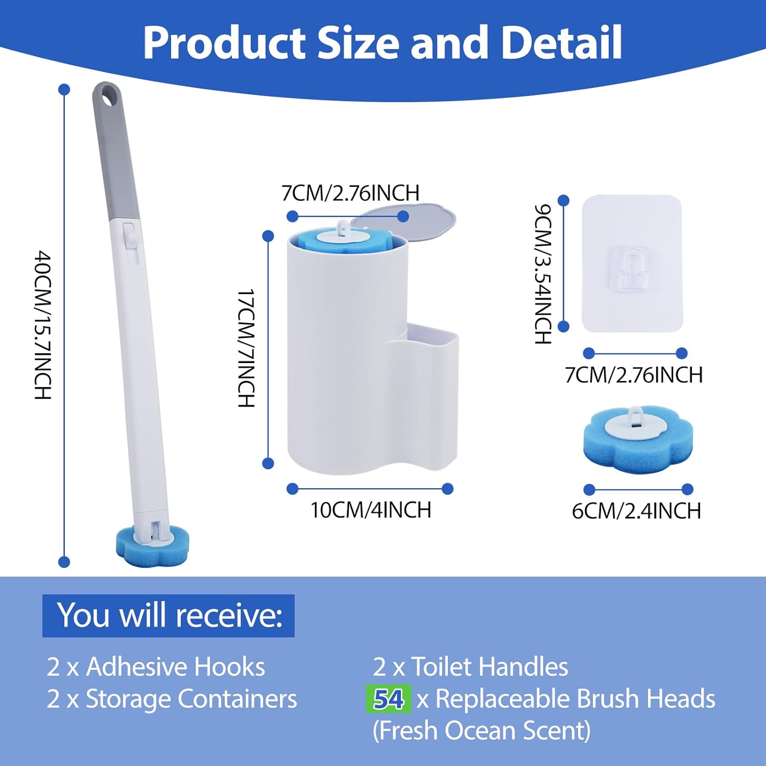 Toilet Brush, Disposable Toilet Brush Set – 54 Refills with Ocean Scent, Extended Handle and Adhesive Holder Without Drilling, Toilet Brush Bathroom Accessories for Deep Cleaning