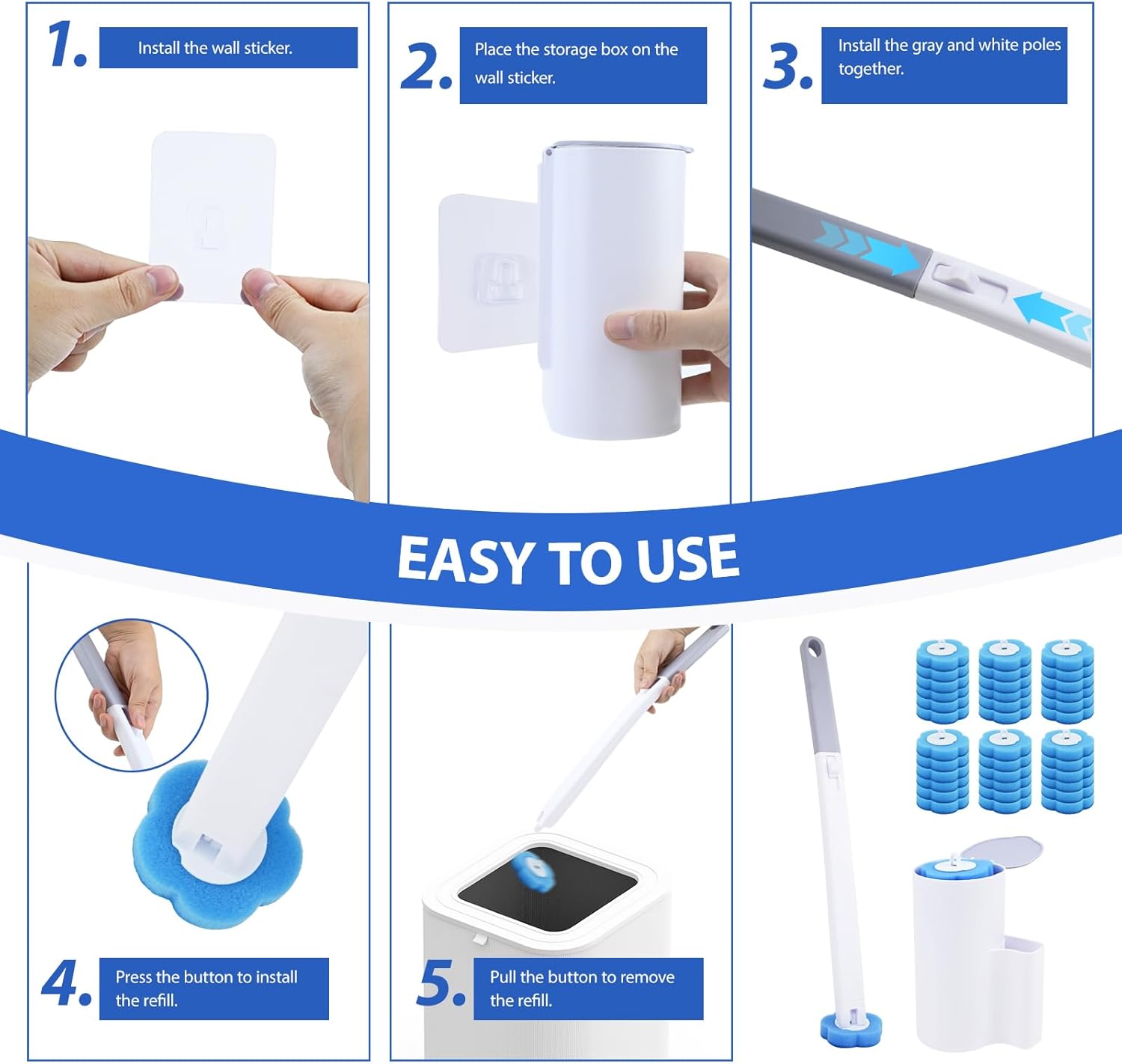 Toilet Brush, Disposable Toilet Brush Set – 54 Refills with Ocean Scent, Extended Handle and Adhesive Holder Without Drilling, Toilet Brush Bathroom Accessories for Deep Cleaning
