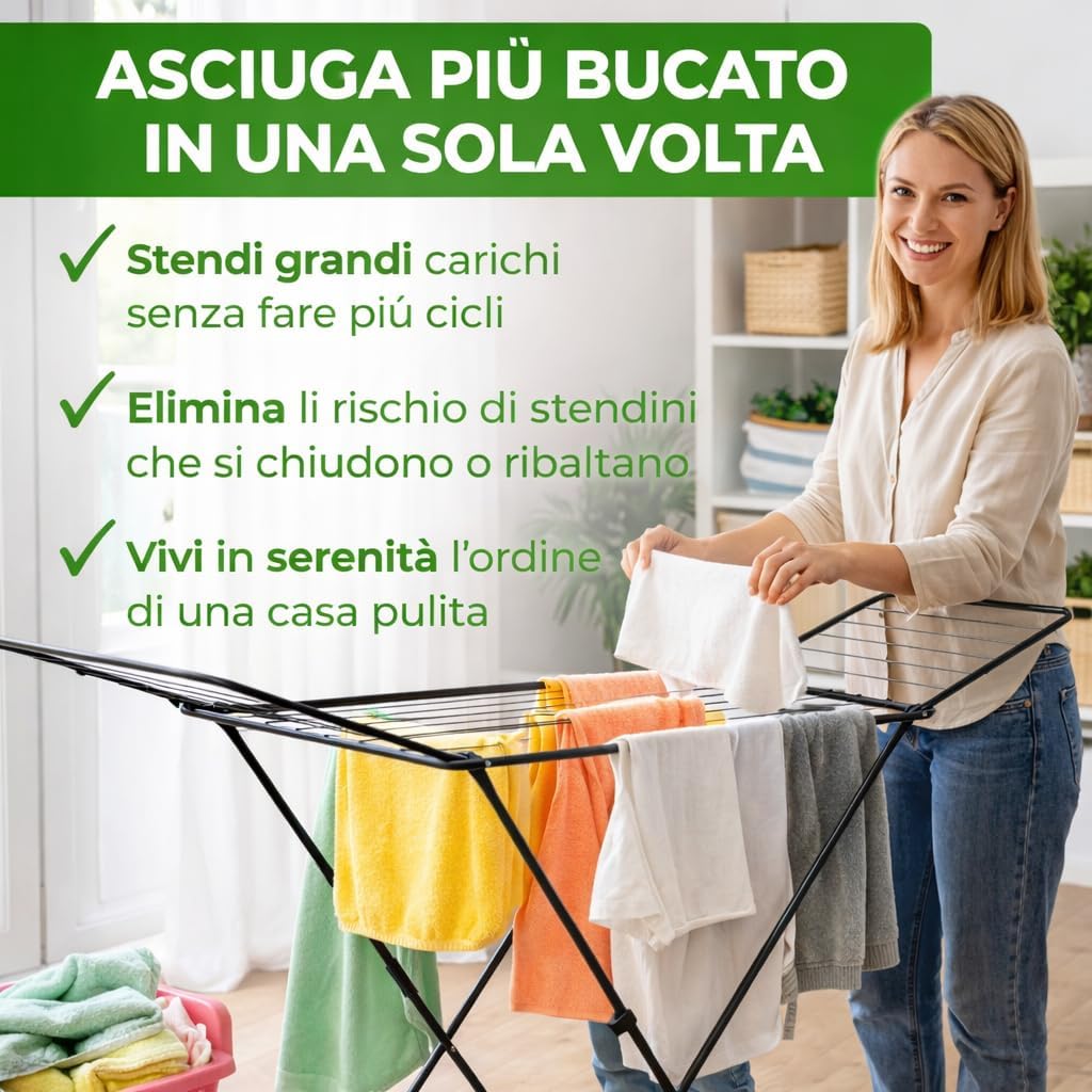 AGRICOLA GIRALDI Glory Floor Drying Rack, 18 Metres of Drying Rack, Steel Folding Drying Rack with Non-Slip Feet, Anti-Closing System, TÜV-GS Certified, Made in Italy, Black