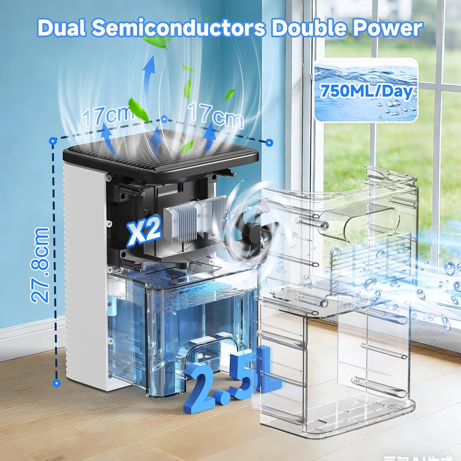 Home Mold Dehumidifier, 2500ml, 30dB Ultra Quiet, Portable Dehumidifier for Home, Office, Bathroom, Closet, Auto Shutdown, 2-12 Hours Timer, Dehumidifier with LED Light, 750ml/24H