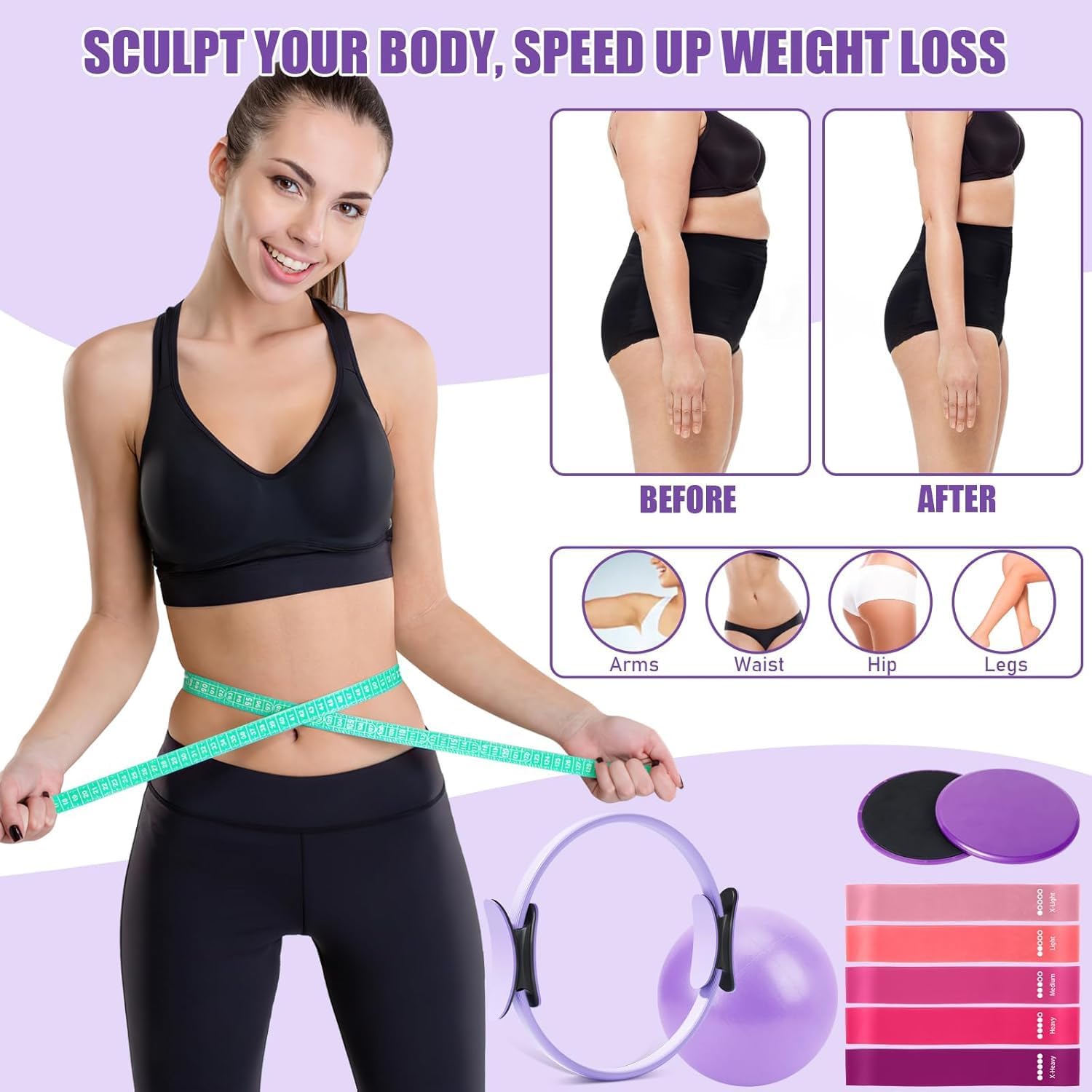 Pilates Ring Set - Pilates Essential Kit with 32 cm Magic Circle, Pilates Ball, Pilates Bänder, Sliding Disks & Training Posters etc. Home Fitness Equipment Accessories