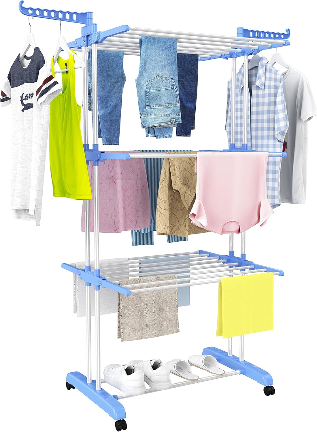 HOMIDEC 4 Tier Large Folding Clothes Airer with Wheels, Stainless Steel Clothes Airer for Indoor and Outdoor Use, Grey