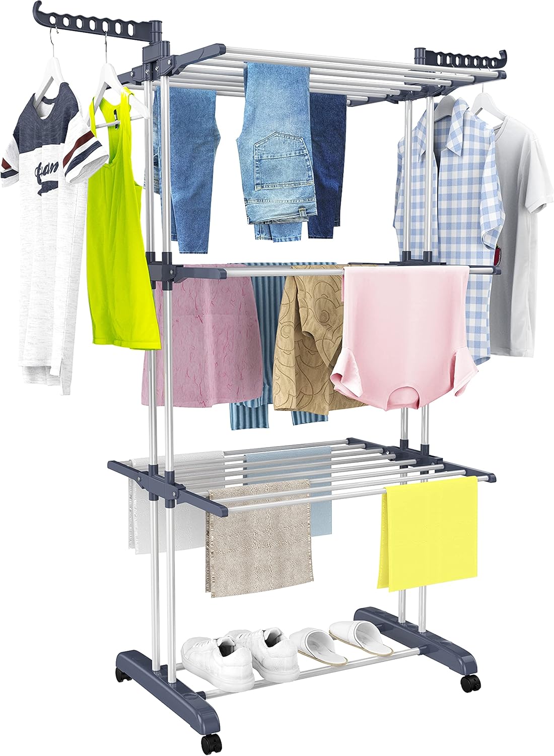 HOMIDEC 4 Tier Large Folding Clothes Airer with Wheels, Stainless Steel Clothes Airer for Indoor and Outdoor Use, Grey