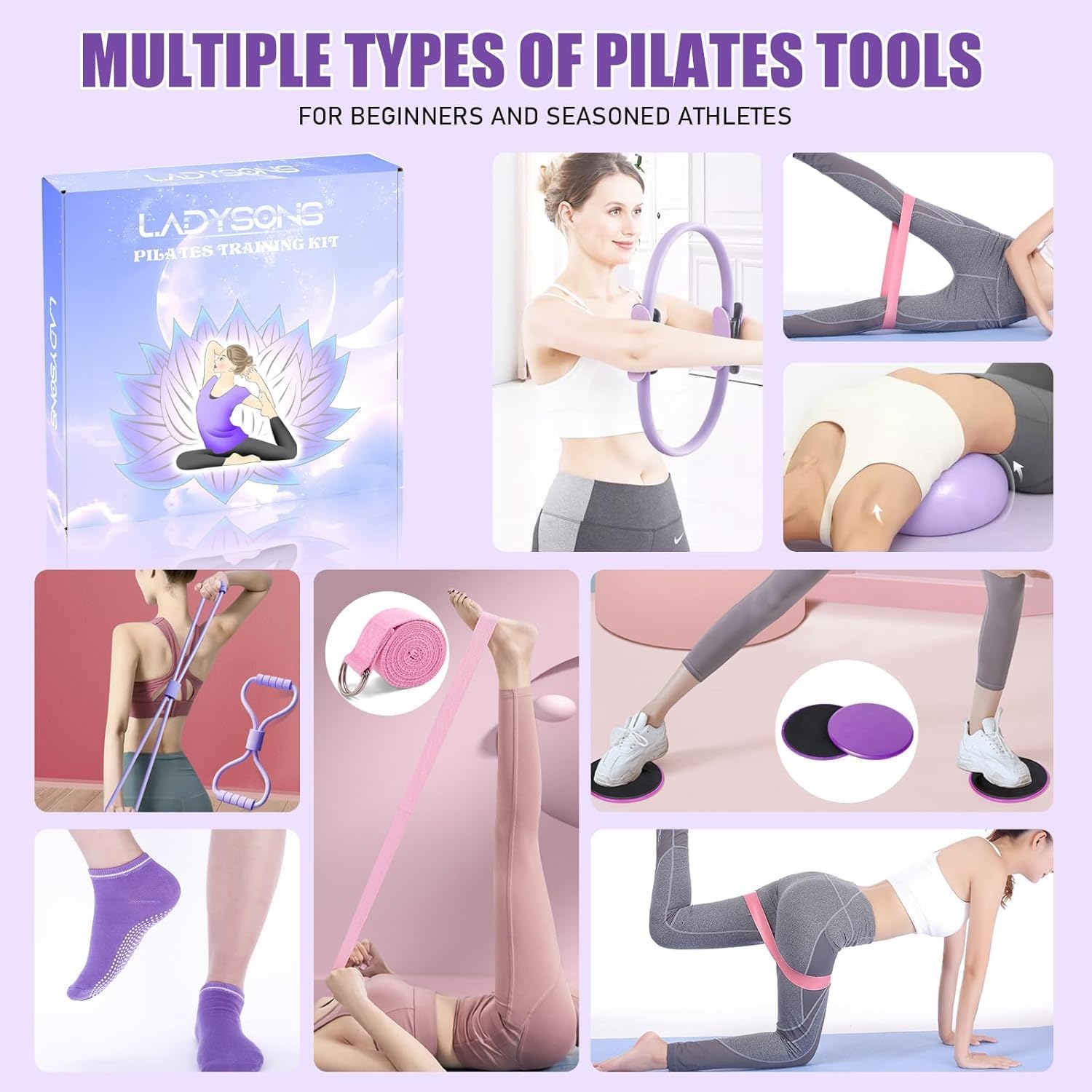 Pilates Ring Set - Pilates Essential Kit with 32 cm Magic Circle, Pilates Ball, Pilates Bänder, Sliding Disks & Training Posters etc. Home Fitness Equipment Accessories
