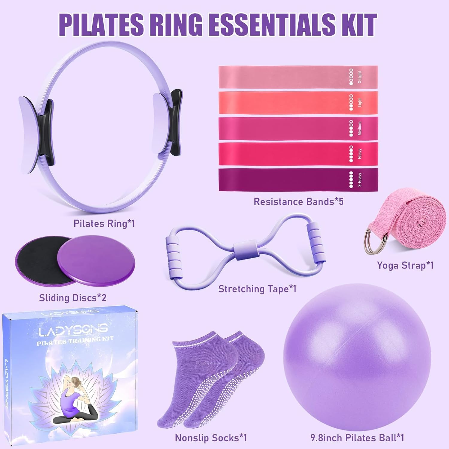 Pilates Ring Set - Pilates Essential Kit with 32 cm Magic Circle, Pilates Ball, Pilates Bänder, Sliding Disks & Training Posters etc. Home Fitness Equipment Accessories