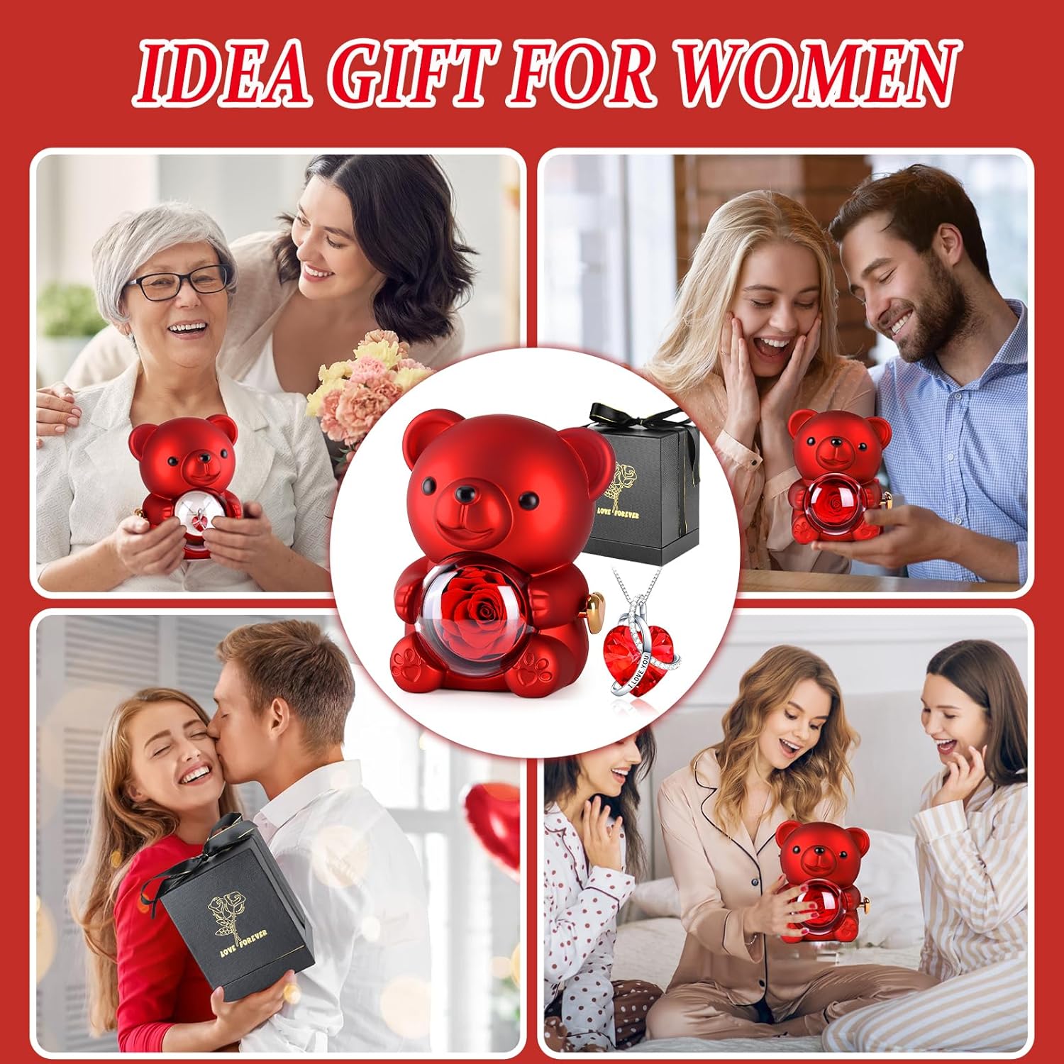 Suturun Cute Teddy Bear with Preserved Rose,Eternal Flowers Rotating Rose Box with Necklace Romantic Gift for Her in Valentine's Day, Mother's Day,Weddings,Anniversaries,and Bridal Showers