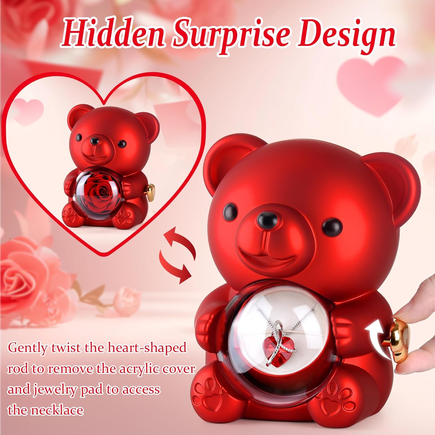 Suturun Cute Teddy Bear with Preserved Rose,Eternal Flowers Rotating Rose Box with Necklace Romantic Gift for Her in Valentine's Day, Mother's Day,Weddings,Anniversaries,and Bridal Showers