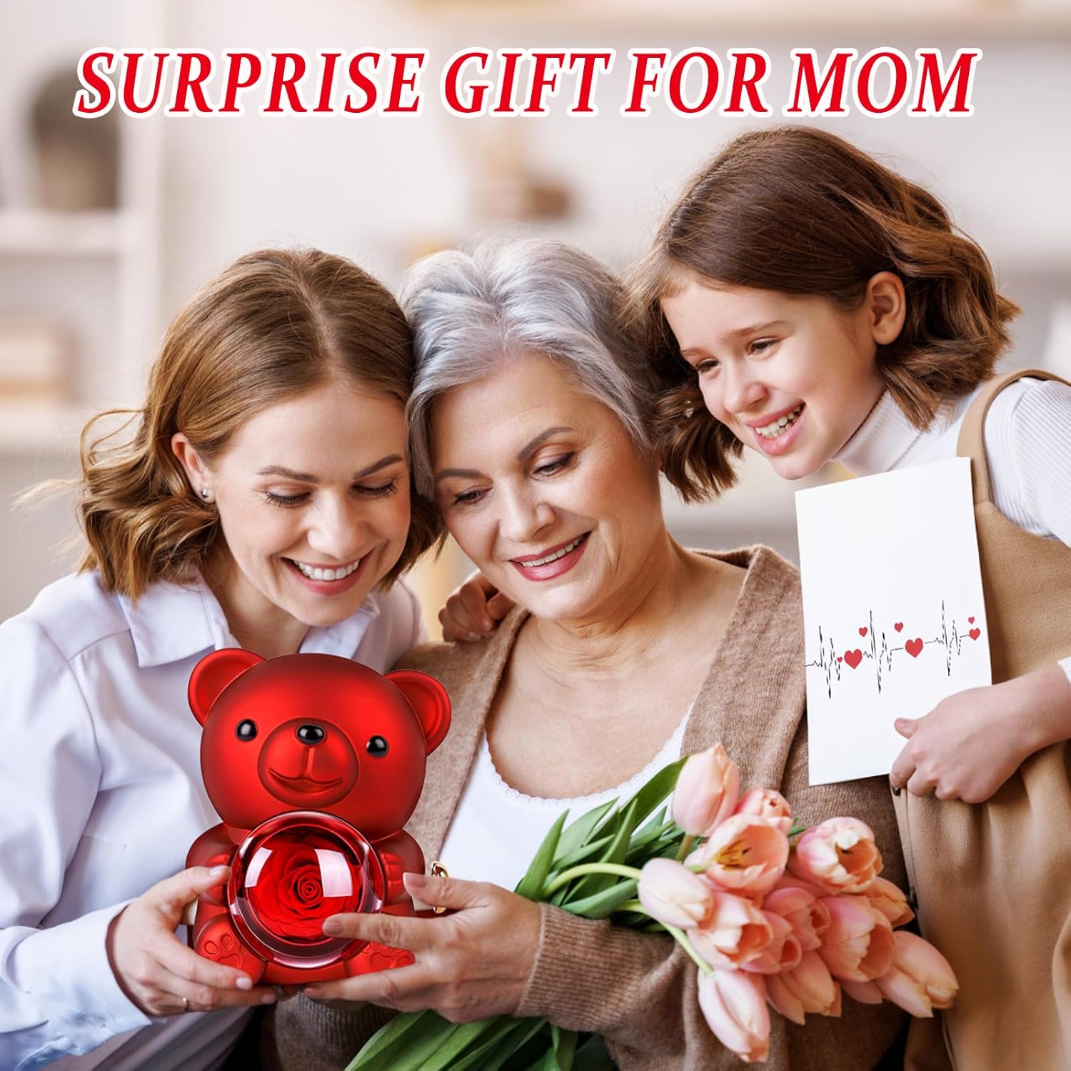 Suturun Cute Teddy Bear with Preserved Rose,Eternal Flowers Rotating Rose Box with Necklace Romantic Gift for Her in Valentine's Day, Mother's Day,Weddings,Anniversaries,and Bridal Showers