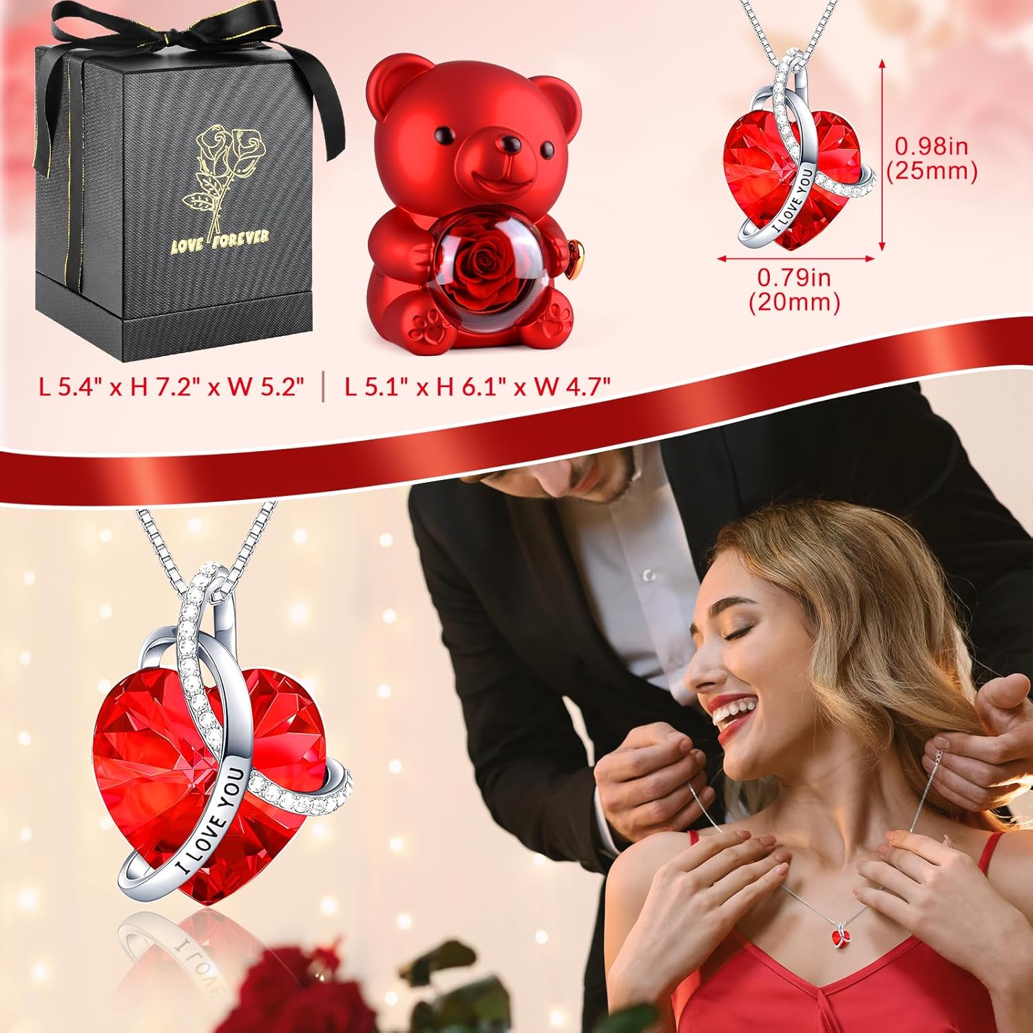 Suturun Cute Teddy Bear with Preserved Rose,Eternal Flowers Rotating Rose Box with Necklace Romantic Gift for Her in Valentine's Day, Mother's Day,Weddings,Anniversaries,and Bridal Showers