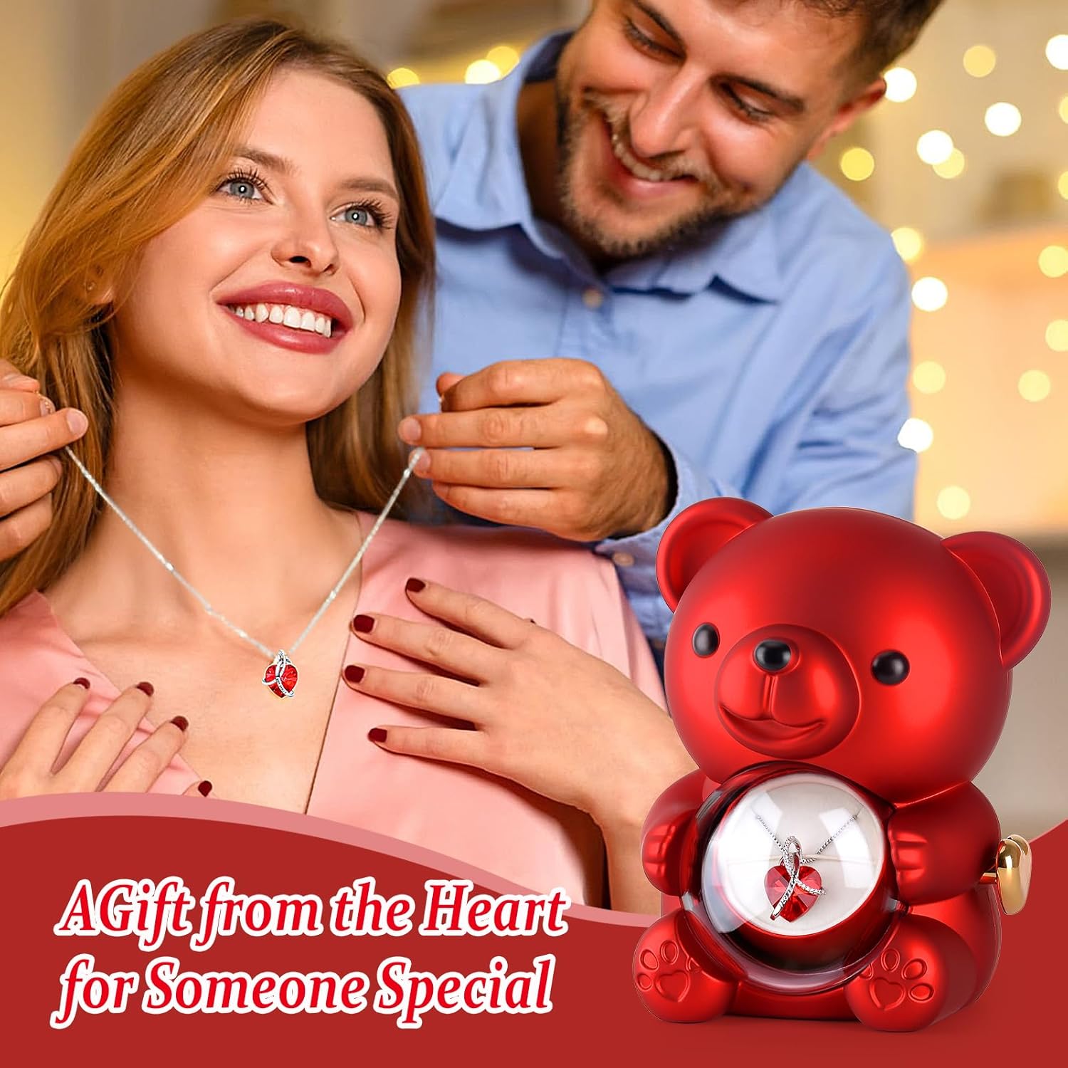 Suturun Cute Teddy Bear with Preserved Rose,Eternal Flowers Rotating Rose Box with Necklace Romantic Gift for Her in Valentine's Day, Mother's Day,Weddings,Anniversaries,and Bridal Showers