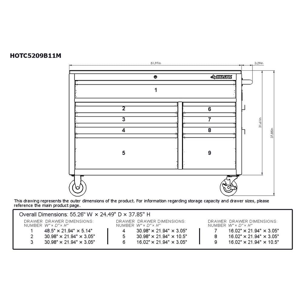 52 in. W x 24 5 in. D 9 Drawer Standard Duty Mobile Workbench Tool Chest with Solid Work Top and Pegboard in. Gloss Black