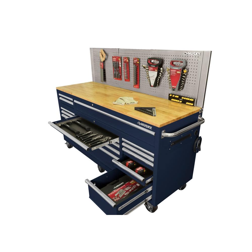 72 in. W x 24 in. D 18 Drawer Standard Duty Mobile Workbench Tool Chest with Solid Wood Top and Pegboard in. Gloss Blue