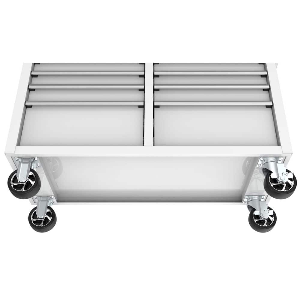 46 in. W x 18 in. D 9 Drawer Gloss White Mobile Workbench Cabinet with Solid Wood Top